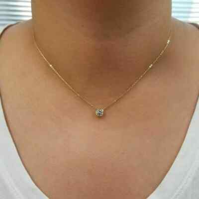 Solid 14K Yellow Gold Over 1.00 Ct Diamond Round Cut Solitaire Pendant Necklaces