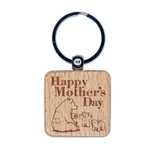 Happy Mother's Day Momma Bear with Cubs Engraved Wood Square Keychain Tag Charm