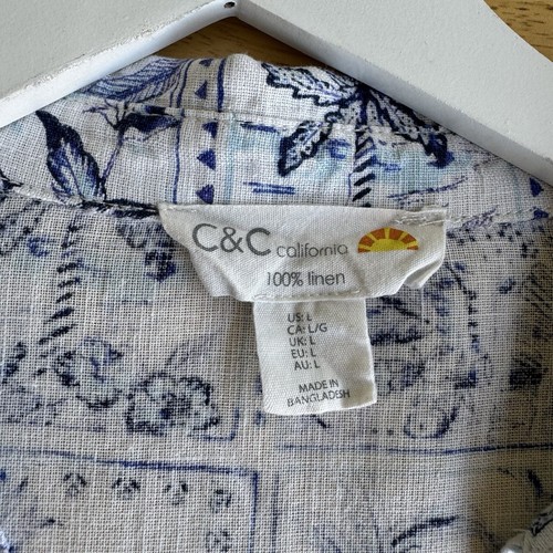C&C California 100% Linen Tropical Print Button Down Top Blue & White Large EUC - Picture 6 of 11