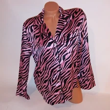 Victoria Secret Pajama Top Small Sleep Shirt Satin Black Pink Zebra Long Sleeve