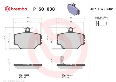 BREMBO P 50 038 Bremsbelagsatz, Scheibenbremse für SMART