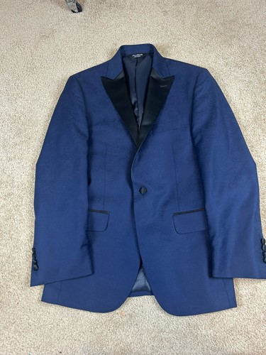 JOS A BANK WOOL/COTTON BRIGHT BLUE CHESTER JACQUARD PEAK LAPEL TUXEDO JACKET 38R - Picture 10 of 12