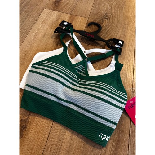 Ryka Womens 2 Pack Seamless Sports Bras Green White Striped Ribbed Size Medium