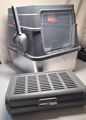Powools Cat Litter Box Stainless Steel w/Lid Elevated Step w/Scoop 17.3x13.4x15''