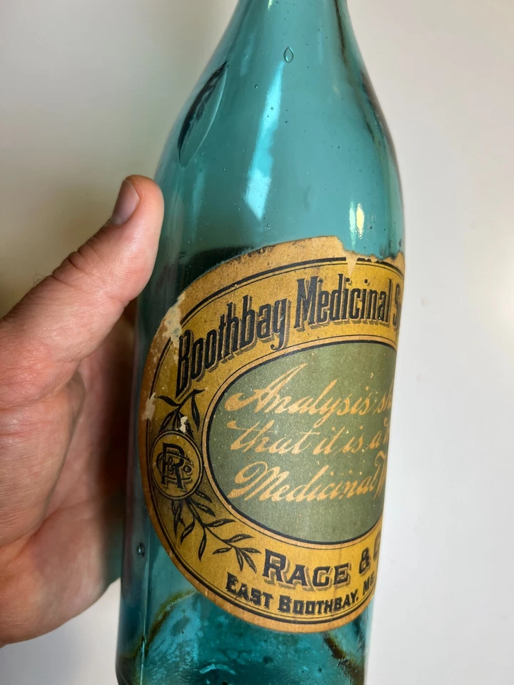Antigua botella de agua Boothbay Spring L Race Maine Blobtop Blob Top etiquetada 1875 Foto 2 de 4