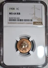NGC MS-64 RB 1908 Indian Head Cent, Blazing, 60%+ Original Red specimen.