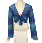 Ally Bolero Blue Top Size M 10 12 Green Stripe Sheer Mesh Long Sleeve Tie Front