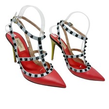 Valentino Garavani Women Rockstud Cage T Strap Ankle Strap Pump Coral Size 37.5