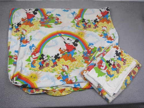 Vintage Disney Mickey Mouse Sheet Set 3 Twin Fitted Flat Pillowcase Bedding 70s