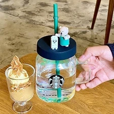Starbucks Green Apron Bear Glass 473ml/16oz - Classic Straw & Lid