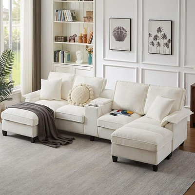121'' U-Shaped Sectional Sofa Couch with Storage Chaise Cup Holders & USB Ports