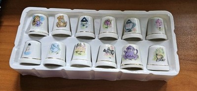Thimble Set of 12 Home Styles by Hermitage Pottery  Porcelain  Gold Trim 