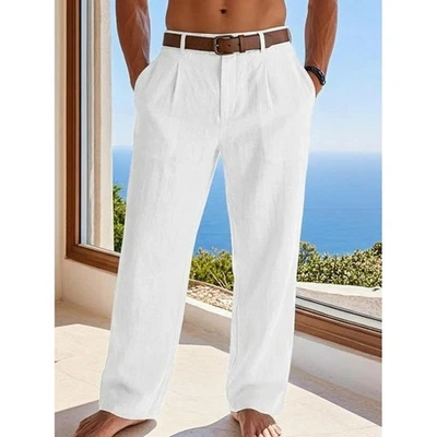 Herren Leinen Baumwolle Freizeithose weites Bein volle Länge Sommer Strandhose - Bild 1 von 4