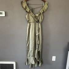 Show Me Your Mumu Samantha Ruffle Wrap Dress Sage Green Satin Hi Low Small