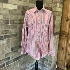 Wrangler Authentic Western Pearl Snap Shirt Mens L Red Stripe Rodeo Cowboy 33E1