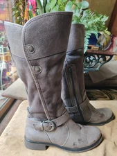 Bare Traps Leather Boots Womens 9M Gray Subdue Faux Fur Zipper Buckle Moto Biker