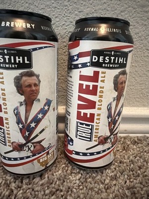 Lot Of 2 Evel Knievel Blonde Ale beer cans, Destihl Brewing. Empty