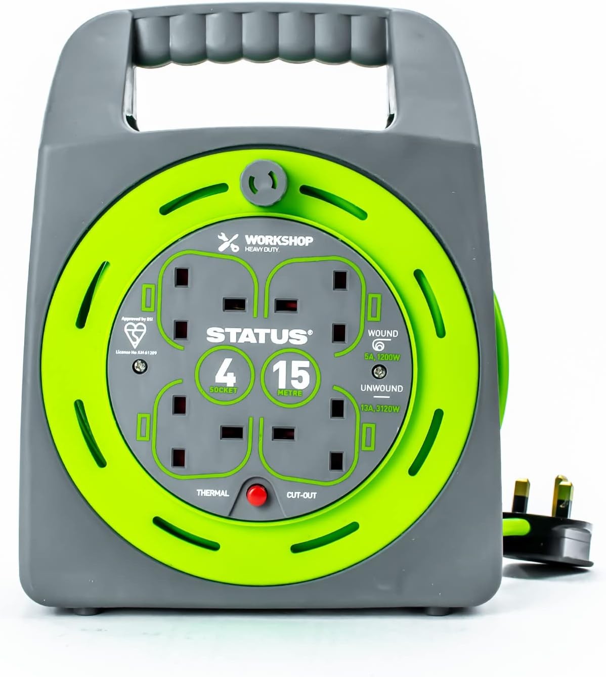 STATUS 4 Socket Cable Reel | 15m Green Extension Lead | 13A with Thermal Cut Ou