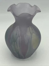 Vtg Rueven Ruffled Top Hand Painted Vase by Nouveau Art Glass 4.5"