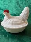 Vintage Rooster Hen Chicken Westmoreland Milk Glass on Nest Red Comb Lid TURNED