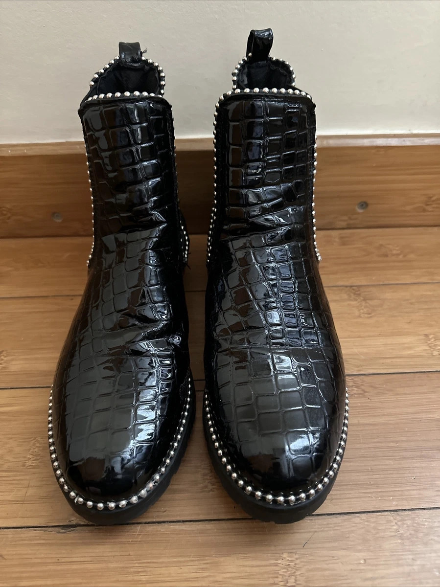 LINZI BLACK CROC ANKLE BOOTS FAUX LEATHER SILVER BEADED UK SIZE 7