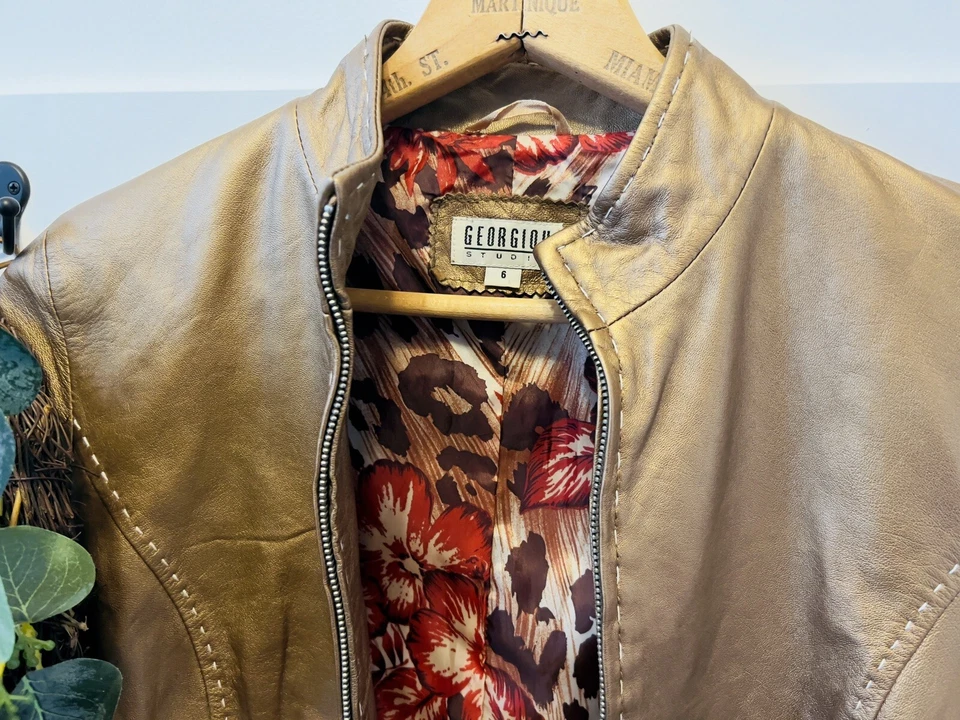 Chaqueta Georgiou Studio Cuero Genuino Motocicleta Metálica Bronce Cremallera Frontal talla 6 Foto 2 de 4