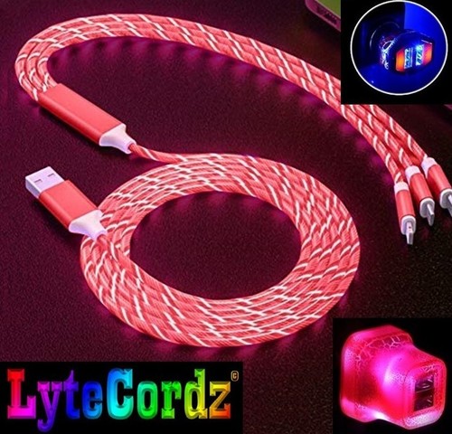 Cordon câble chargeur multiple DEL Light Up 3 en 1 - iPhone Android type C - Photo 2 sur 15