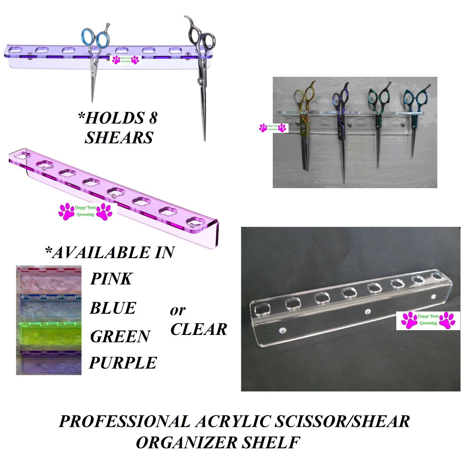 Wall Mount Acrylic 8 SHEAR SCISSOR ORGANIZER SHELF Rack Case Holder Pet Grooming