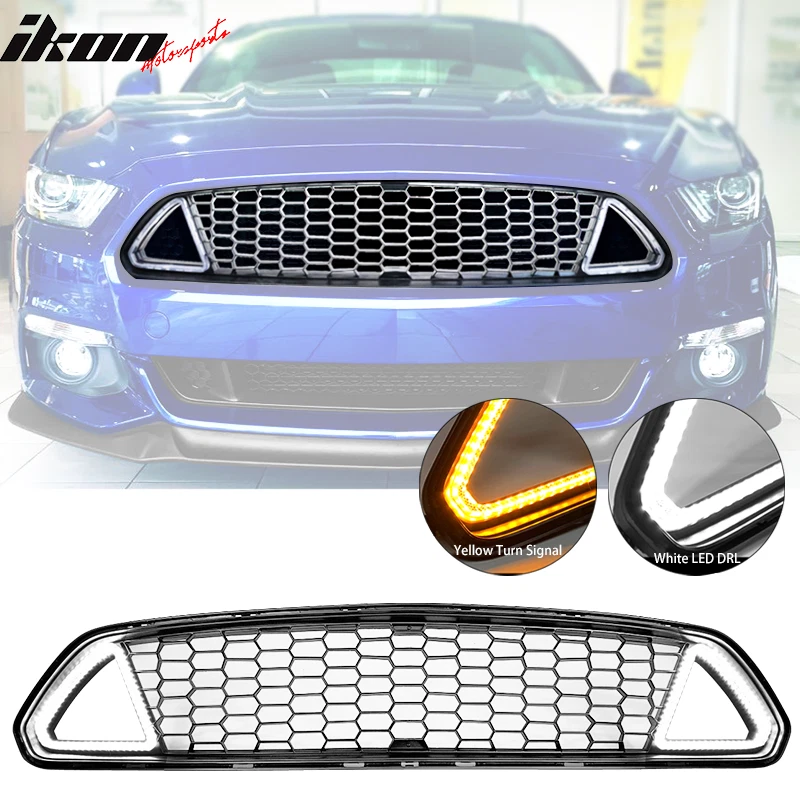 Fits 15-17 Ford Mustang IKON Style Unpainted Front Upper Mesh Grille W/ LED