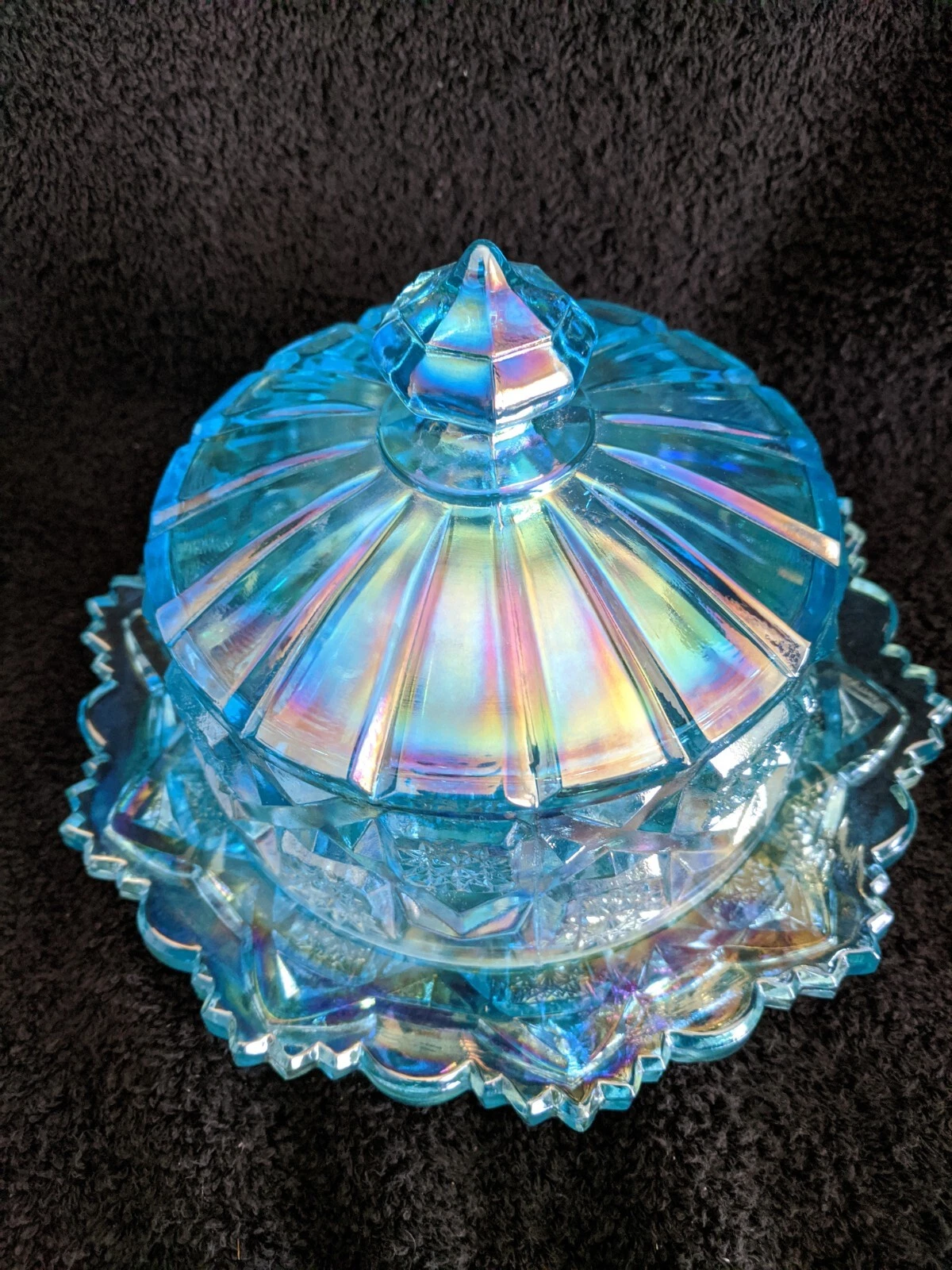 Westmoreland Checkerboard (Old Quilt) Ice Blue Carnival Covered Butter Dish 1978