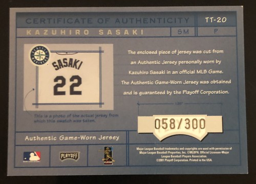 Camiseta deportiva Absolute KAZUHIRO SASAKI 2001 Tools Trade Game #d 58/300! MARINEROS - Imagen 2 de 2