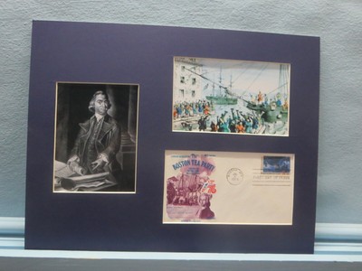 Samuel Adams leads The Boston Tea Party and First day Cover of its own stamp