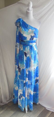 NEW ELIZA J Blue & White CHIFFON Floral BLOOMS Bow ONE SHOULDER Spring GOWN 2 - Picture 7 of 12