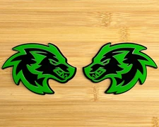 Wolf Badges Car Emblem Fender BADGES (2) Green on Black, Racing NEW CUSTOM