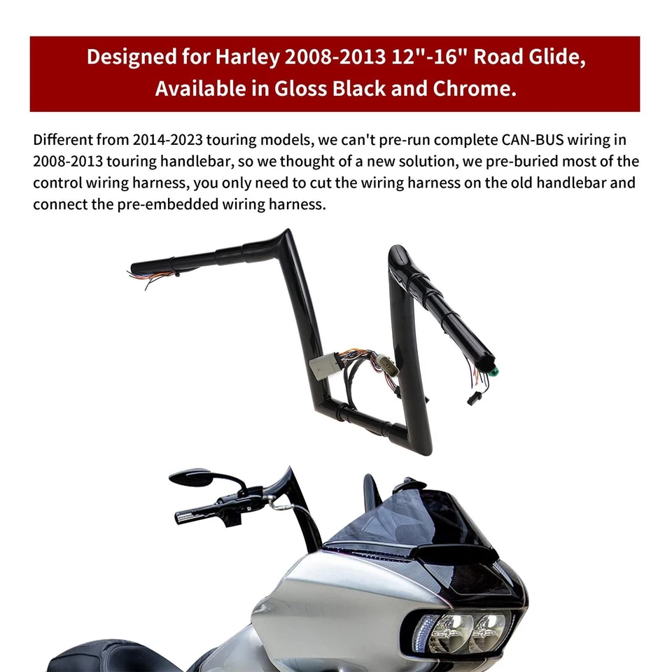 Manillar precableado Meathook de 14"" para Harley Touring Road Glide 2008-2013 FLTR Foto 2 de 4