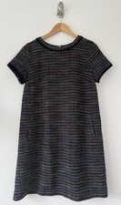 LOFT Navy Striped Tweed Fringe Shift Dress Size 12 Short Sleeve Zipper Pockets