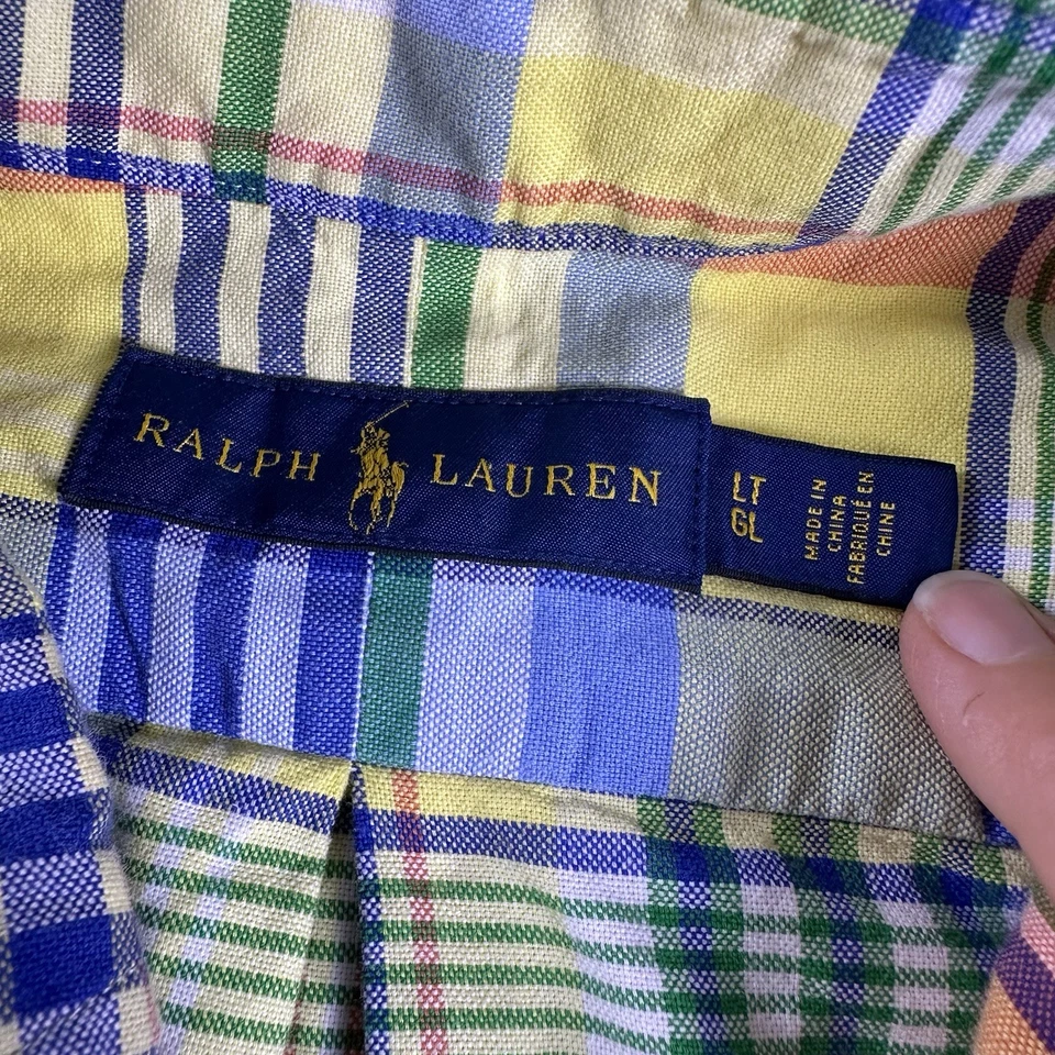 Ralph Lauren Mens L Tall Classic Yellow & Blue Summer Madras Button Down Shirt - Image 3 of 4