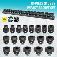3/8" Drive Stubby Impact Socket Set 19-Piece Metric 6-24Mm Cr-Mo Steel Organized