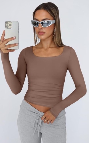 Womens Sexy Long Sleeve Shirts Square Neck Tops Dressy Casual Low Cut - Picture 2 of 10