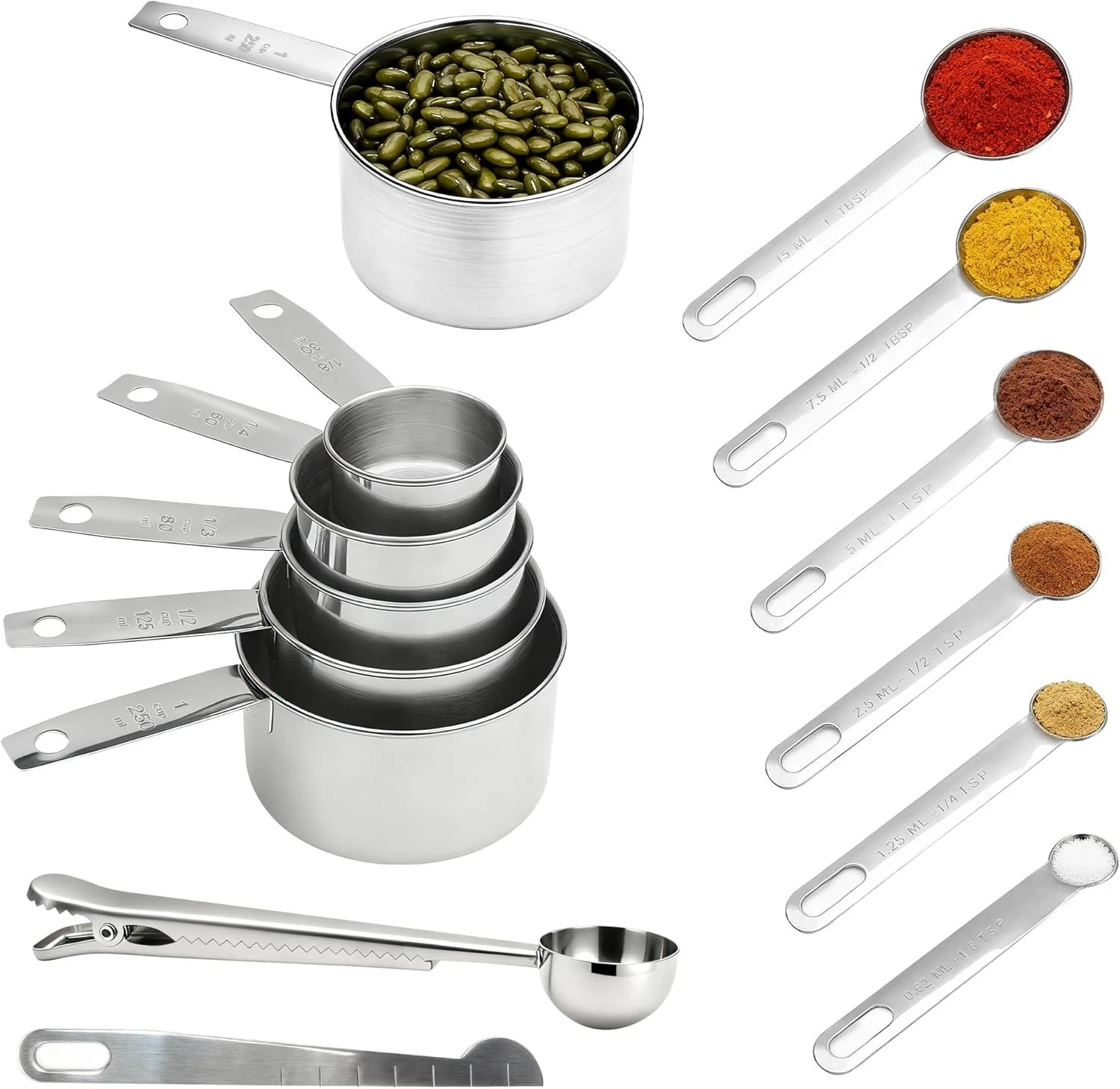 Measuring Cups & Spoons Set of 13 Stainless Steel 5 Nesting Measure Cups Set