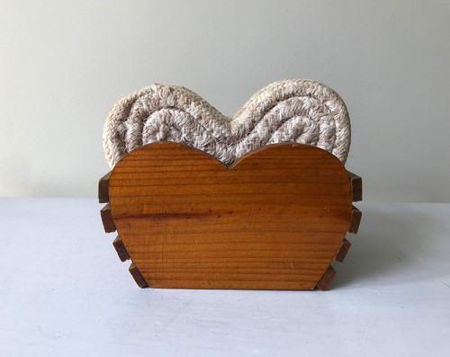 Vintage Farmhouse Braided Heart 4 Coaster Set in Heart Shaped Wooden Box, Slats - Picture 4 of 13