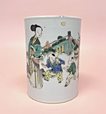 19th c. Wucai Famille Rose Calligraphy Bitong Brushpot Vase Qing Kangxi-style - Image 1 of 4