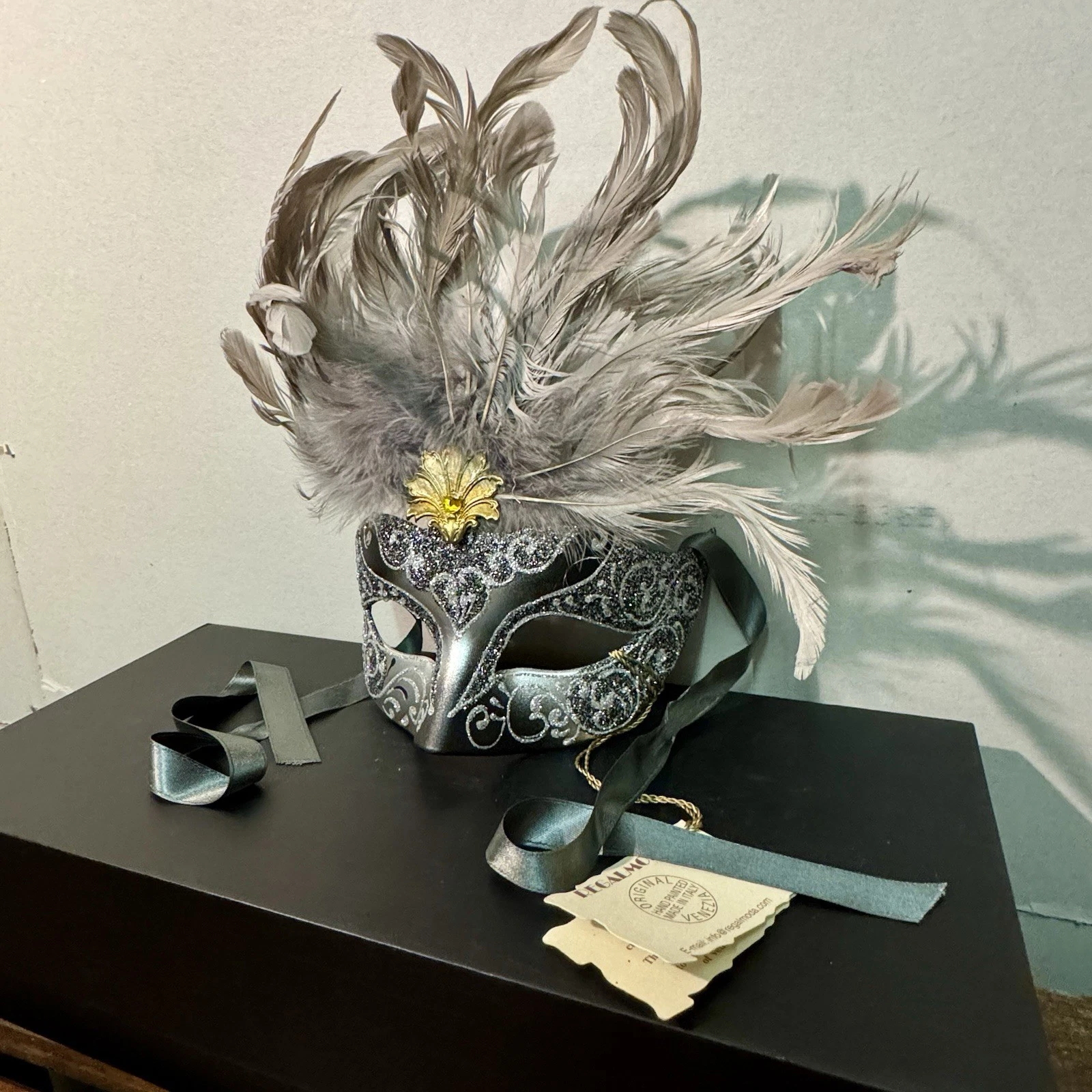Authentic Silver Venetian Mask with Feathers-Purchased In Sicily Italy