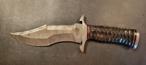 IMPACT CUTLERY RARE CUSTOM DAMASCUS BOWIE KNIFE BULL HORN HANDLE- 2128