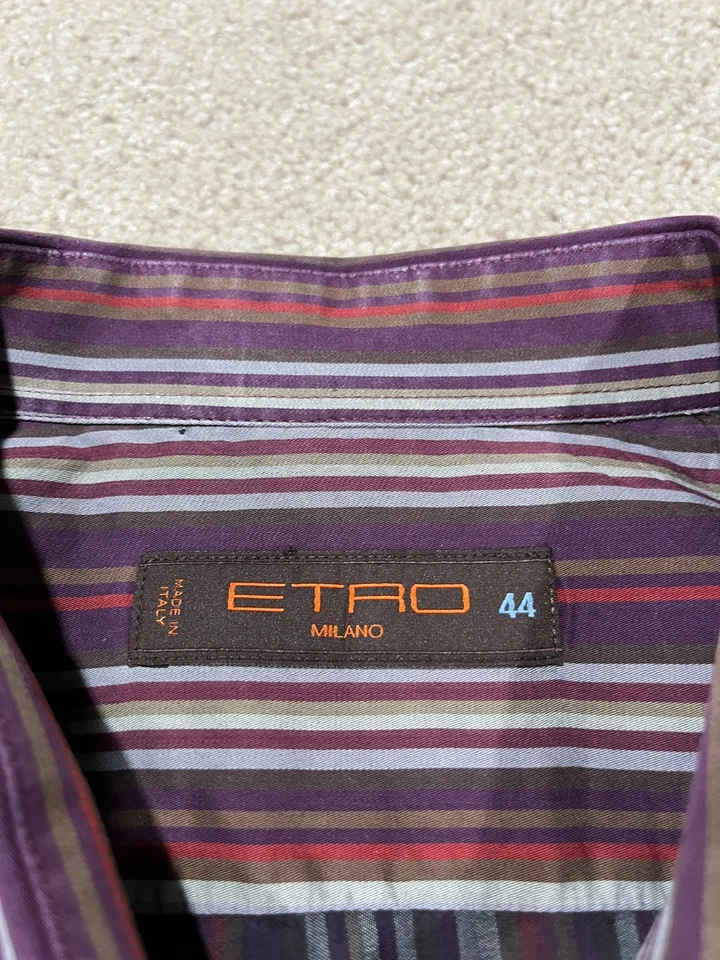 Camisa masculina Etro Milano 44 listrada com botões manga longa feita na Itália - Imagem 3 de 4