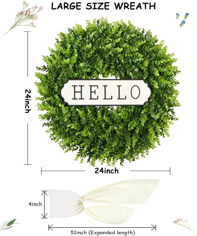 Corona de boj grande 24" - decoración de puerta delantera todo redondo Foto 4 de 4