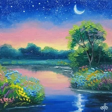 Original Oil Landscape Painting Summer Night Moon River Floral Hand Painted Art