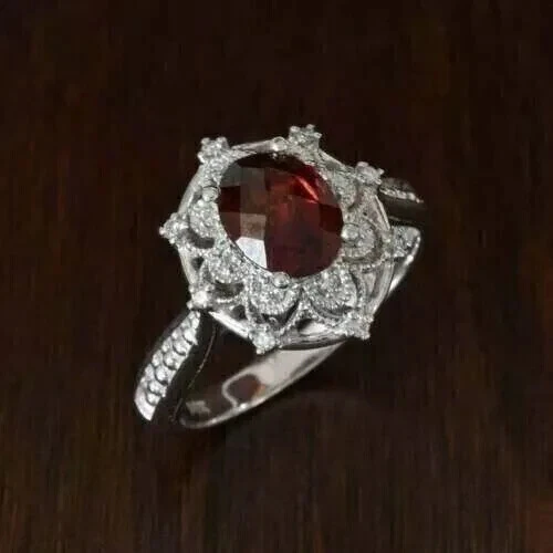 2.50 Ct Oval Cut Lab-Created Garnet Halo Engagement Ring 14K White Gold Plated