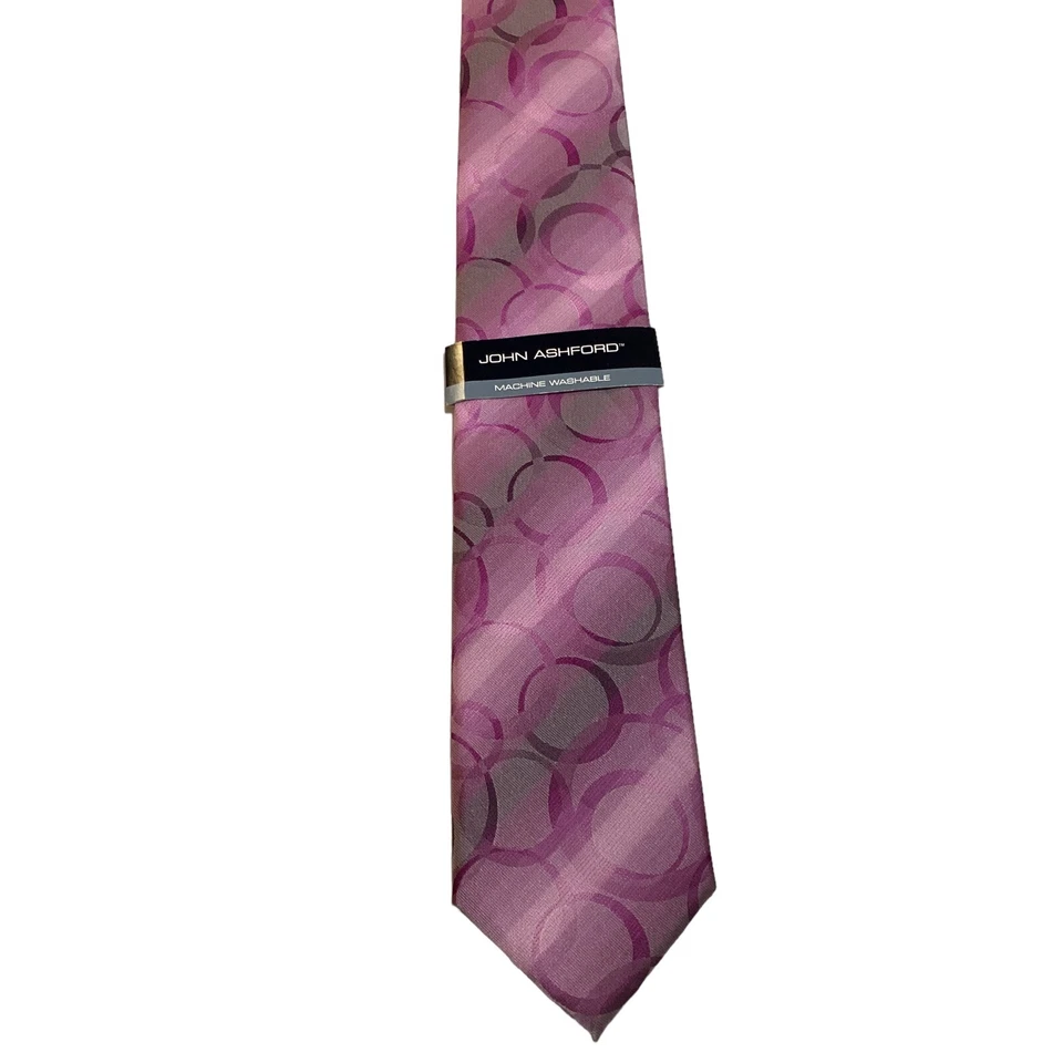 JOHN ASHFORD Men's 100% Polyester Necktie Designer CIRCLES Pink/Purple/Gray NWT - Image 2 of 3