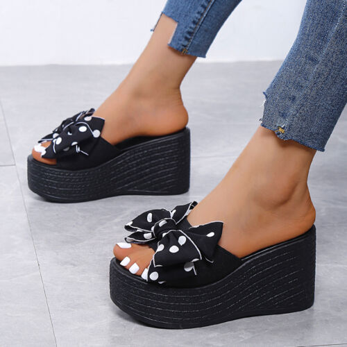 Women High Wedge Summer Sandals Bows High Heels Platform Shoes Slipper Comfy NEW - Picture 1 of 7